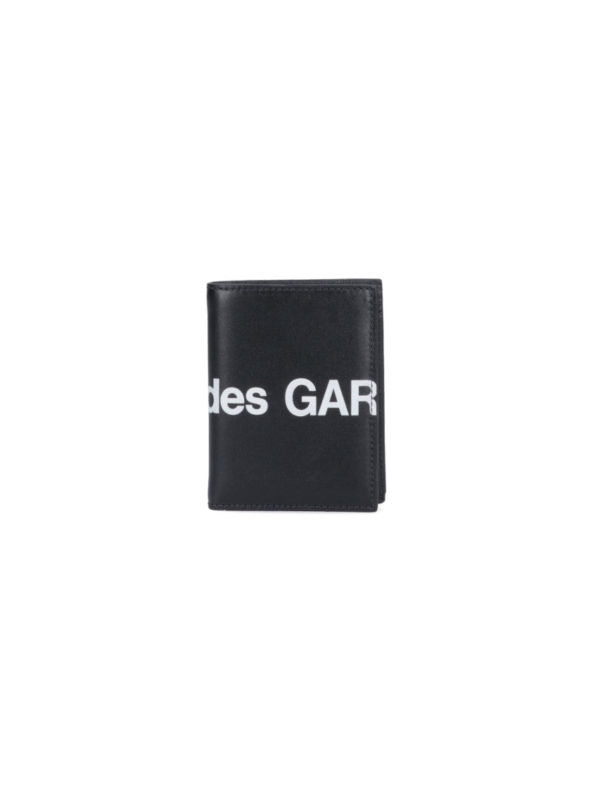 Comme Des Garçons Bifold Wallet In Smooth Black Leather With Contrasting Logo Print