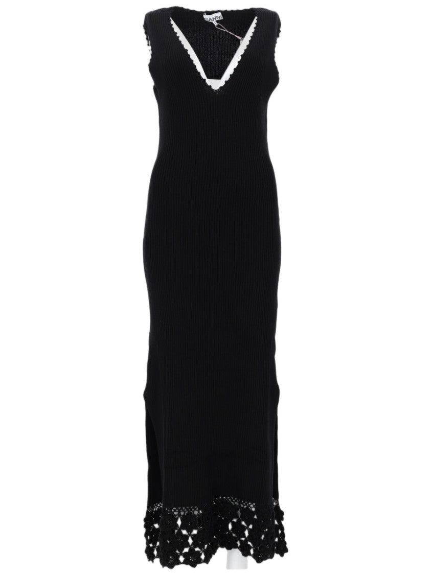 Ganni Ribbed Knit V-Neck Crochet Dress