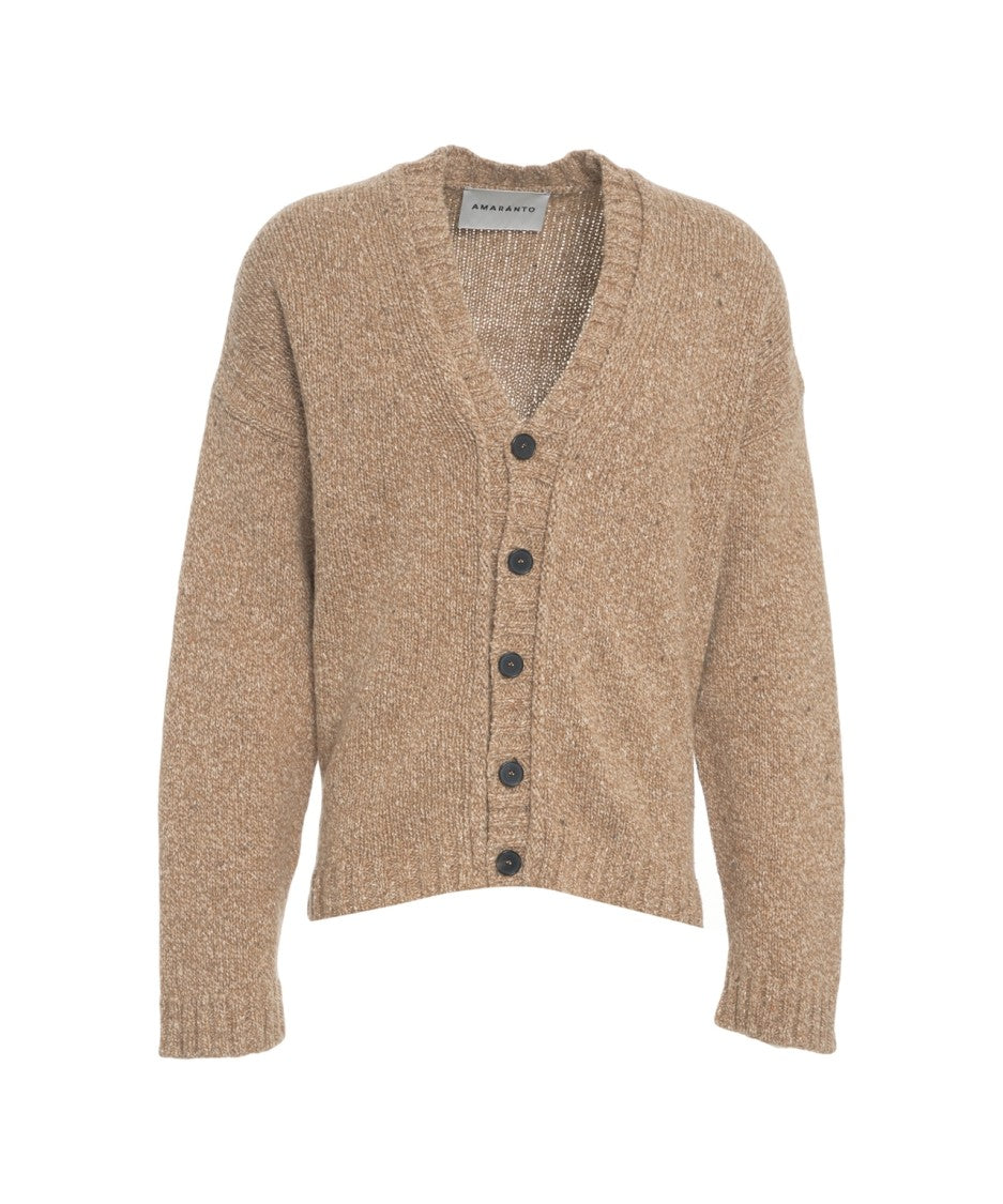 Amaranto Relaxed Brown Cardigan With V-Neck And Ribbed Details