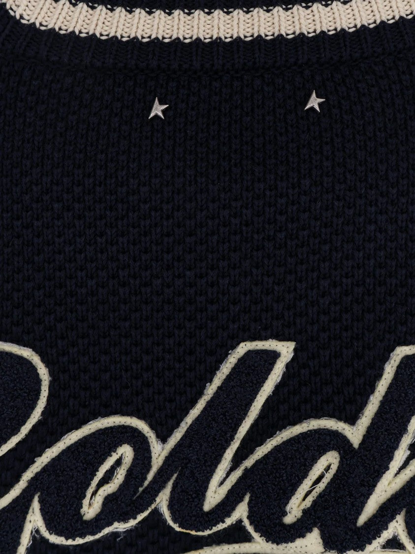 Golden Goose Navy Distressed Logo Textured Striped Sweater