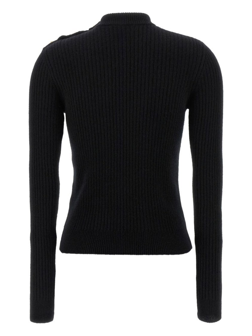 Balmain Black Ribbed Lion Head Button Sweater