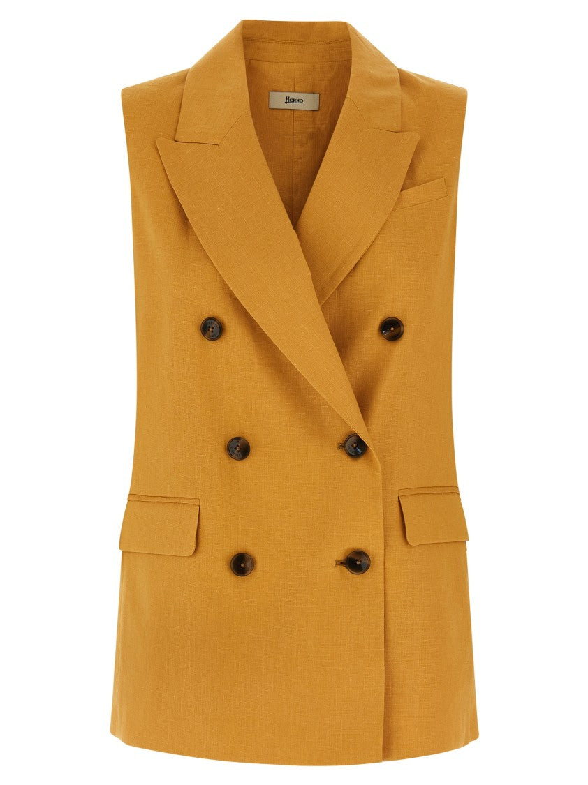 Herno Double-Breasted Linen Vest With Flared Silhouette