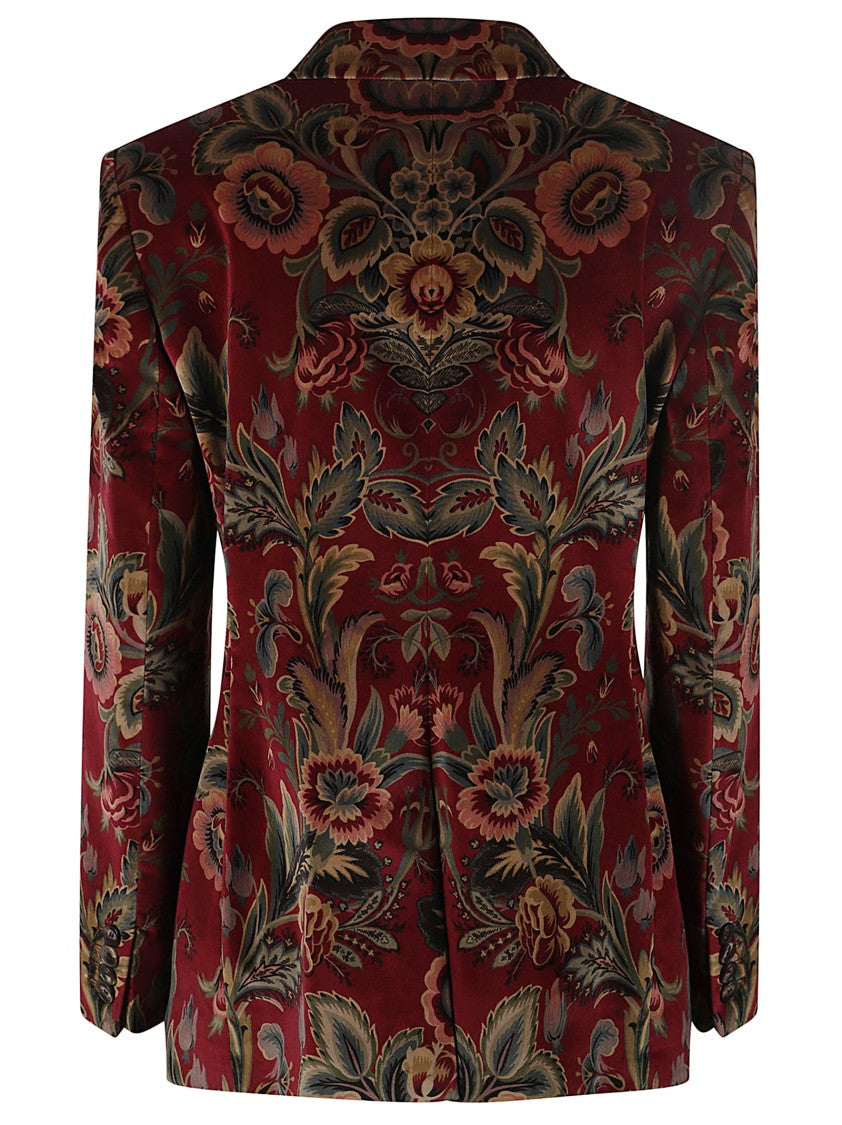 Etro Fitted Burgundy Velvet Blazer With Intricate Floral Print