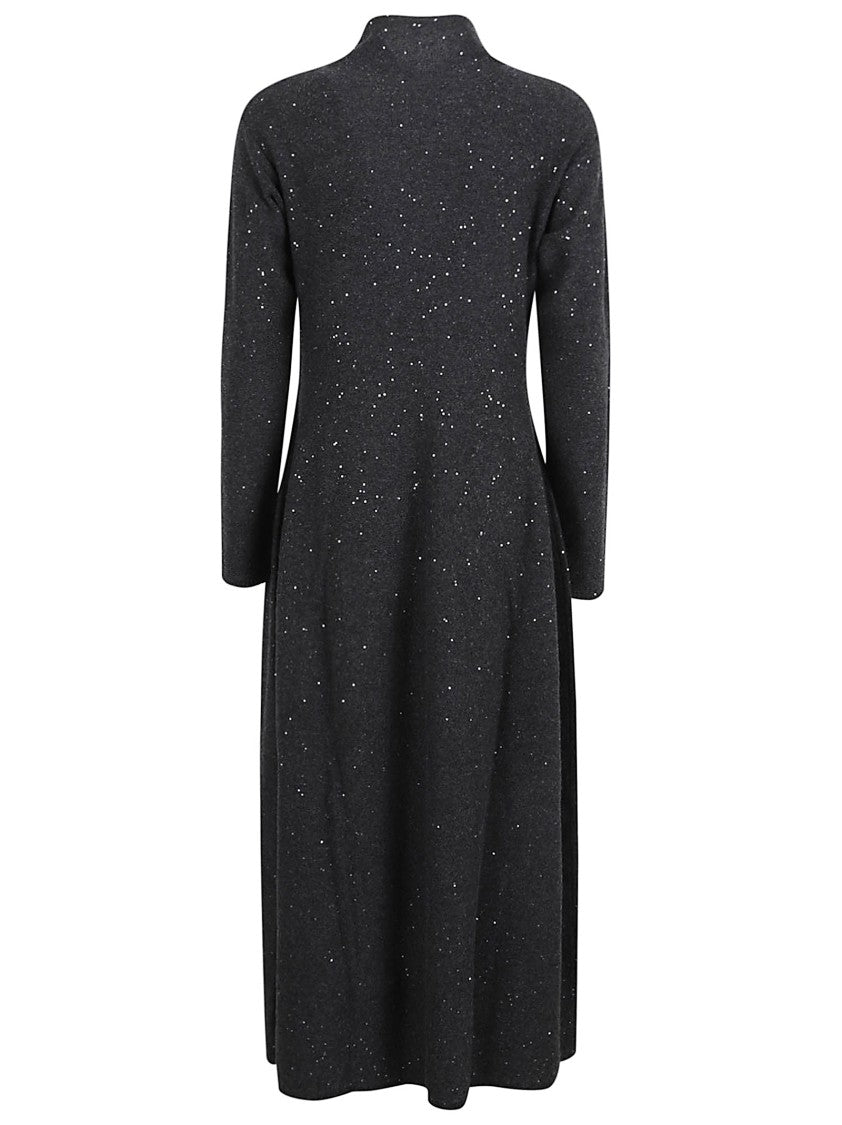 Antonelli Mid-Length Black Dress With High Neckline And Sequined Detail