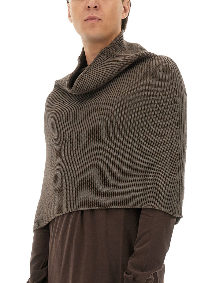 Rick Owens Ribbed Knitted Cape With Structured Collar