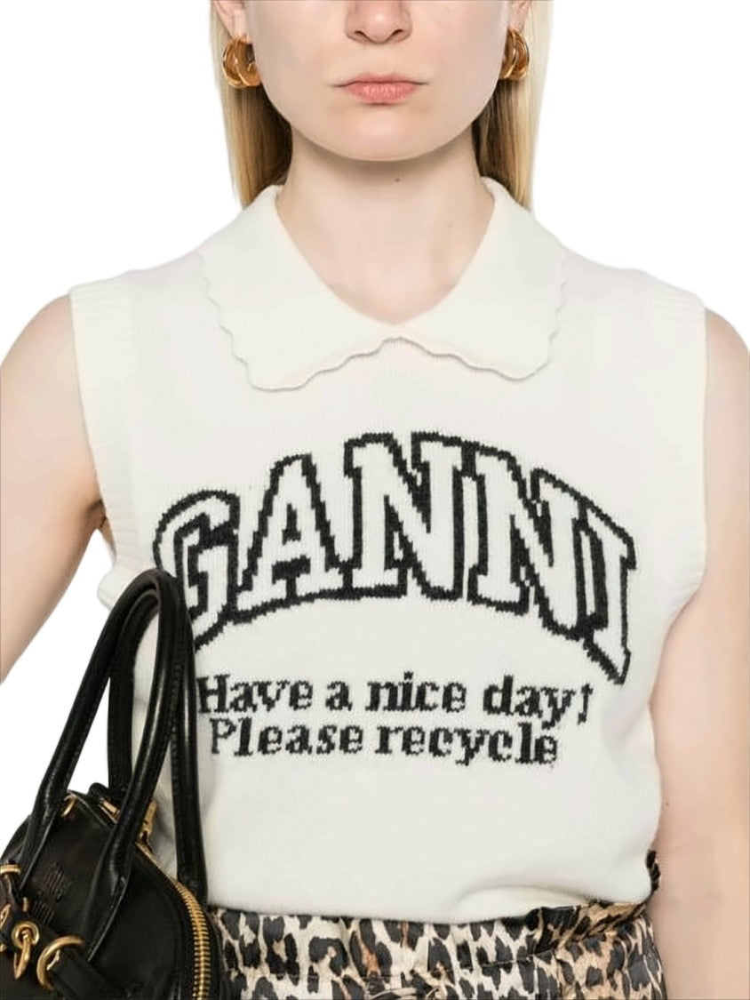 Ganni Scalloped Knit Vest With Ribbed Edges