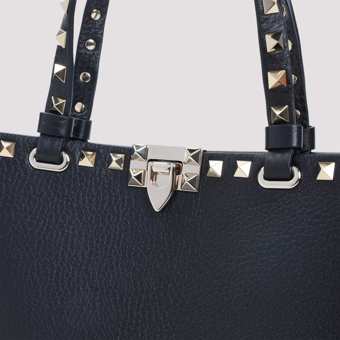 Valentino Garavani Black Grained Leather Rockstud Small Tote