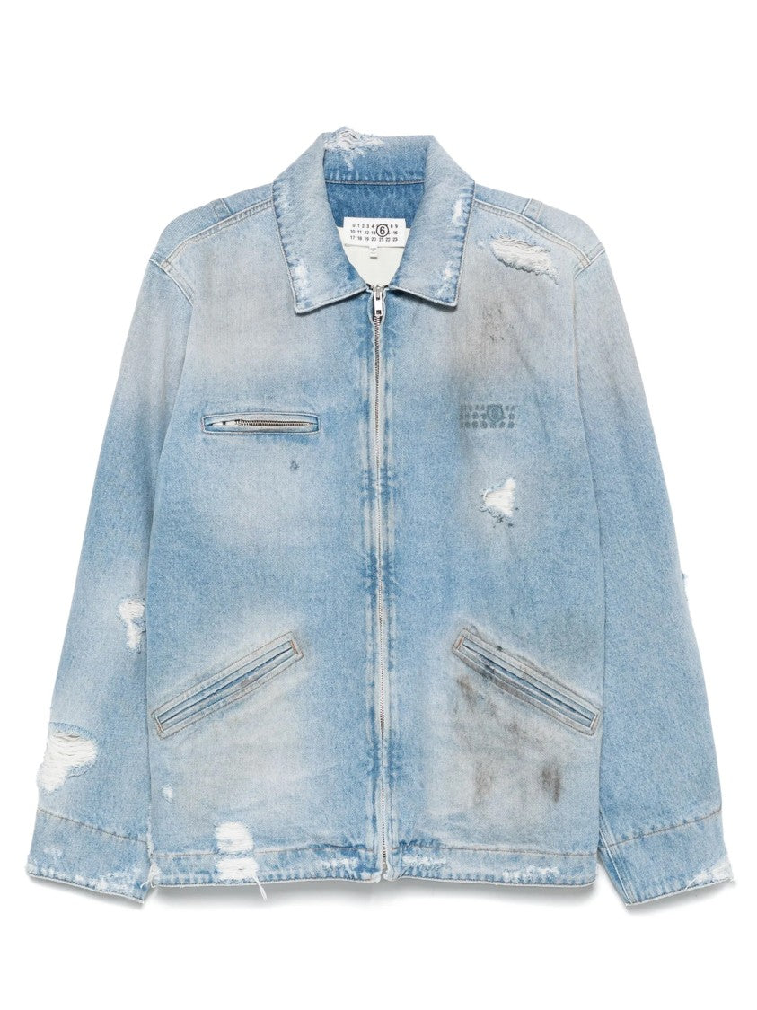 Mm6 By Maison Margiela Sky Blue Cotton Denim Jacket With Distressed Detailing