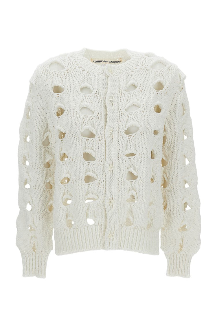 Comme Des Garçons White Openwork Crew Neck Cropped Cardigan