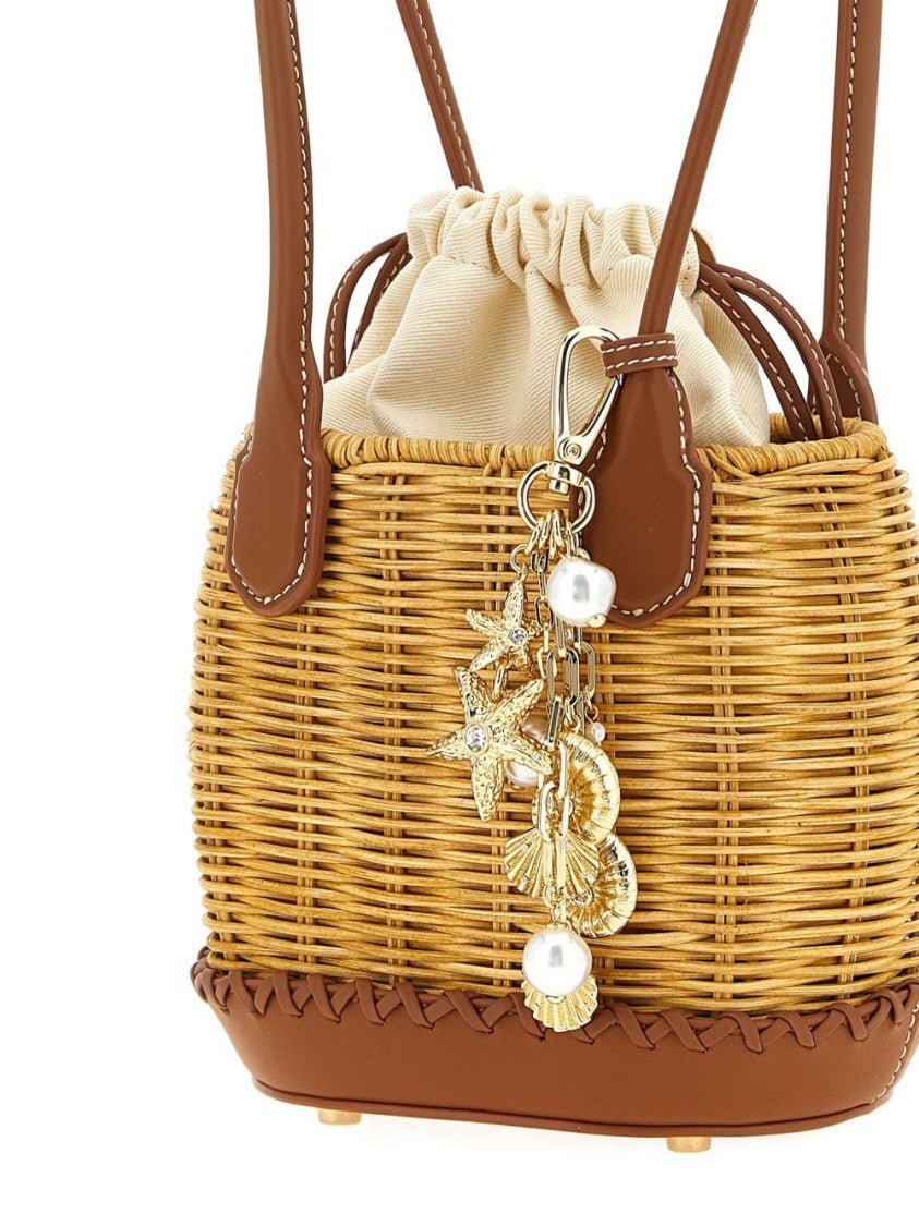 Self-Portrait Light Brown Woven Handbag With Drawstring Closure And Charm