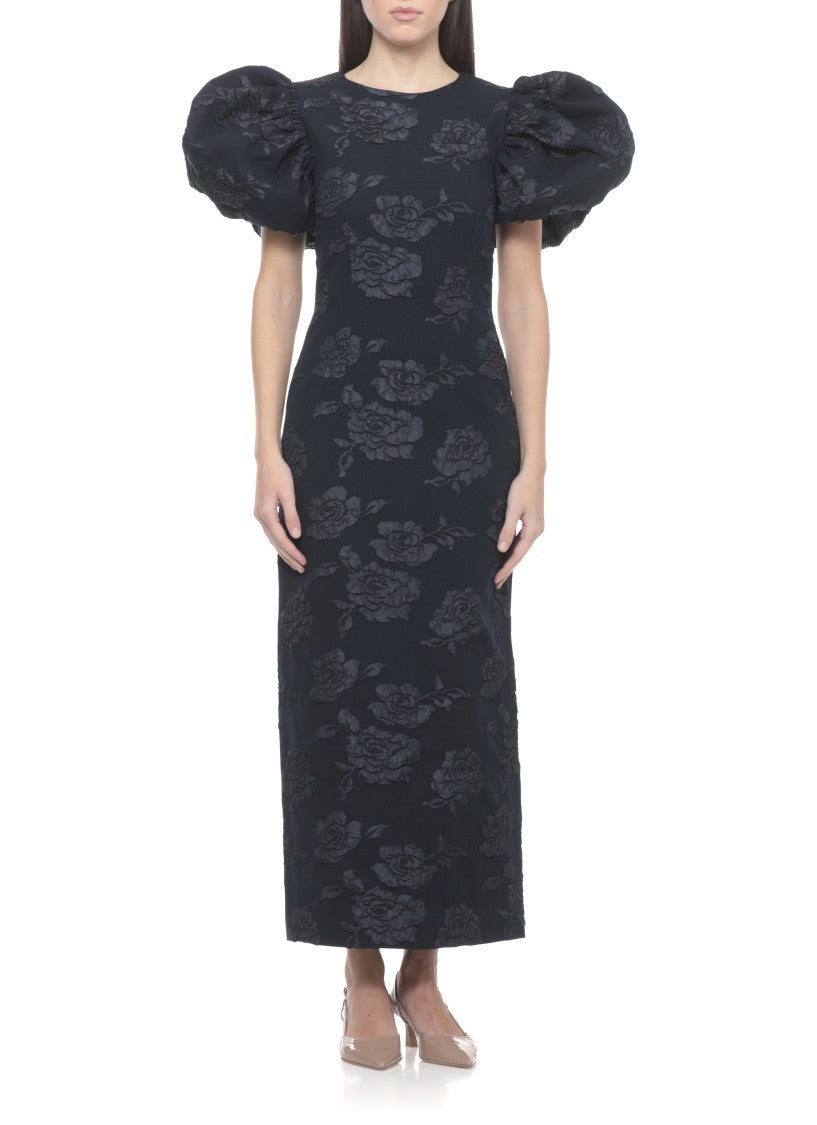 Rotate Jacquard Floral Midi Dress With Balloon Sleeves