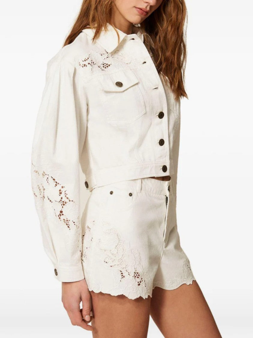 Twin-Set White Lace Cutout Scalloped Hem Shorts