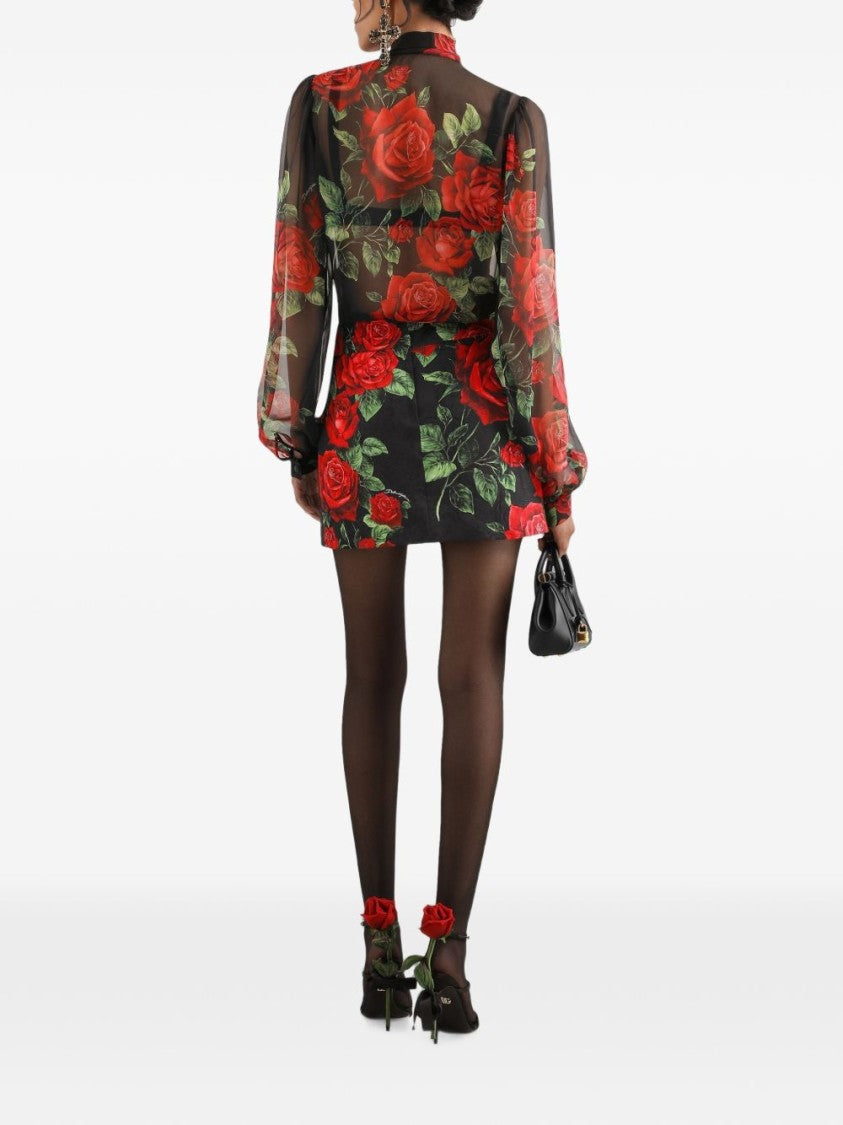 Dolce & Gabbana Puffed Sleeve Rose Print Bow Detail Sheer Blouse