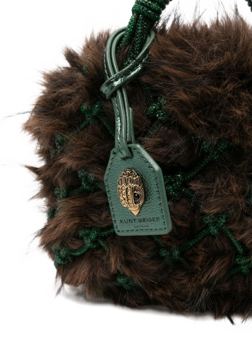 Kurt Geiger Plush Brown Clutch With Green Netted Cord Design And Gold Emblem