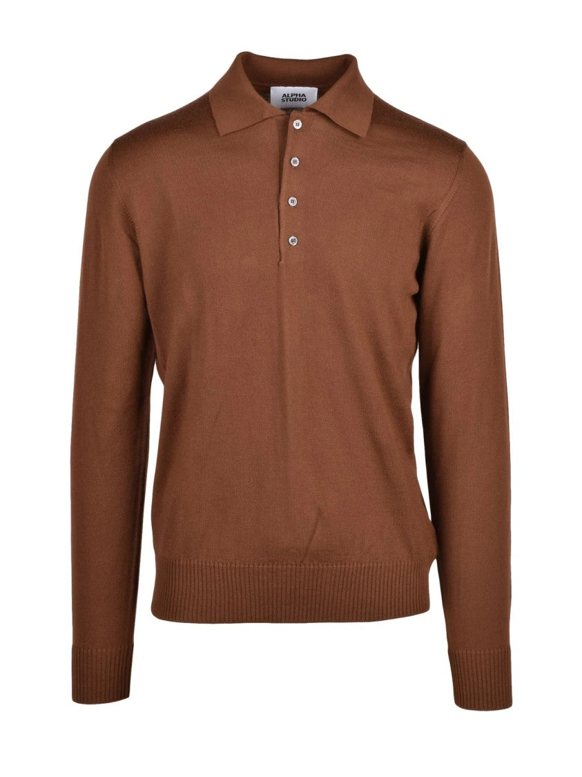 Alpha Studio Brown Extrafine Merino Wool Long-Sleeve Polo Shirt