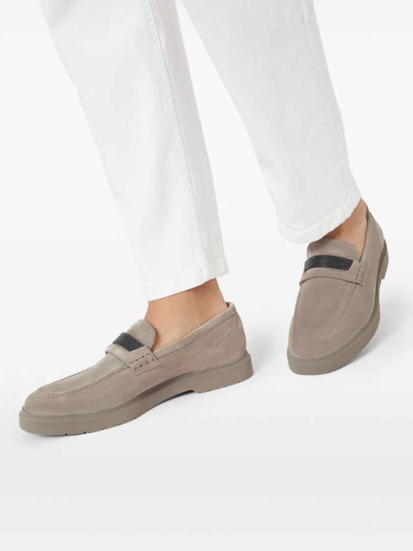 Brunello Cucinelli Beige Crystal Decoration Suede Loafers