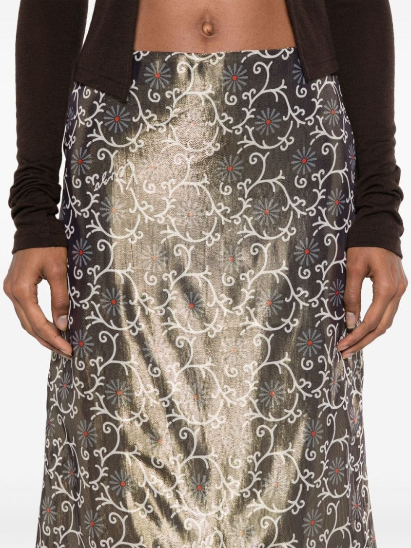 Kenzo Gold-Tone Lamé Floral Print Pencil Skirt