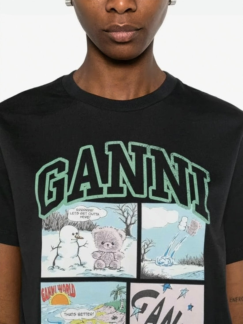 Ganni Comic-Style Graphic Black Cotton Jersey T-Shirt
