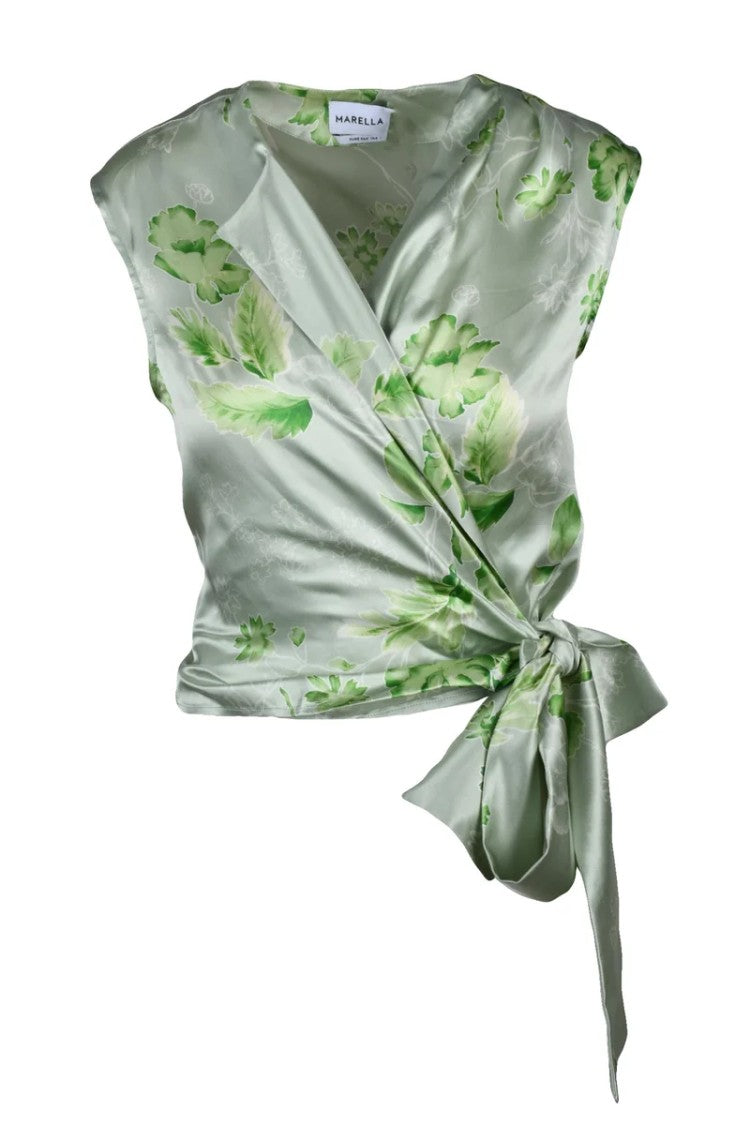 Marella Green Crossover Silk Satin Women Top