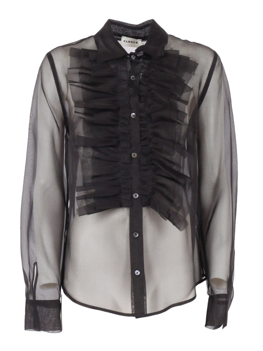 P.A.R.O.S.H. Silk Sheer Shirt With Ruffled Front