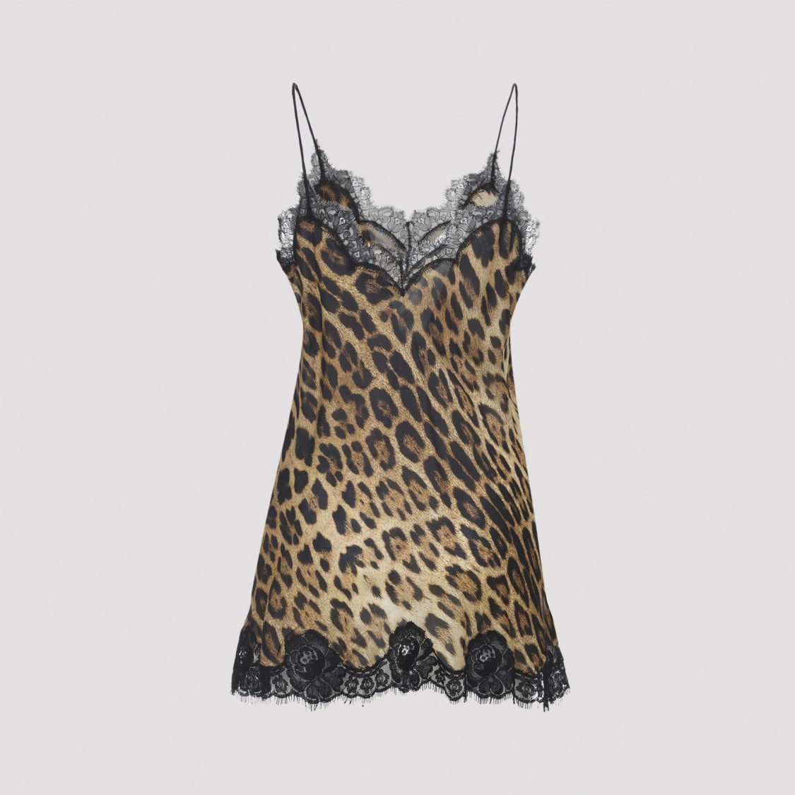 Roberto Cavalli Leopard Print Silk Slip Dress With Lace Trim