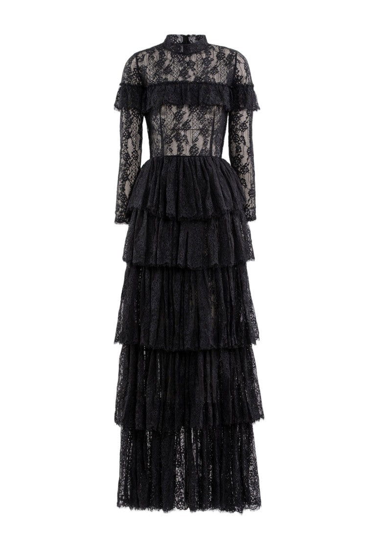 Saiid Kobeisy Intricate Black Lace Maxi Dress With Layered Skirt