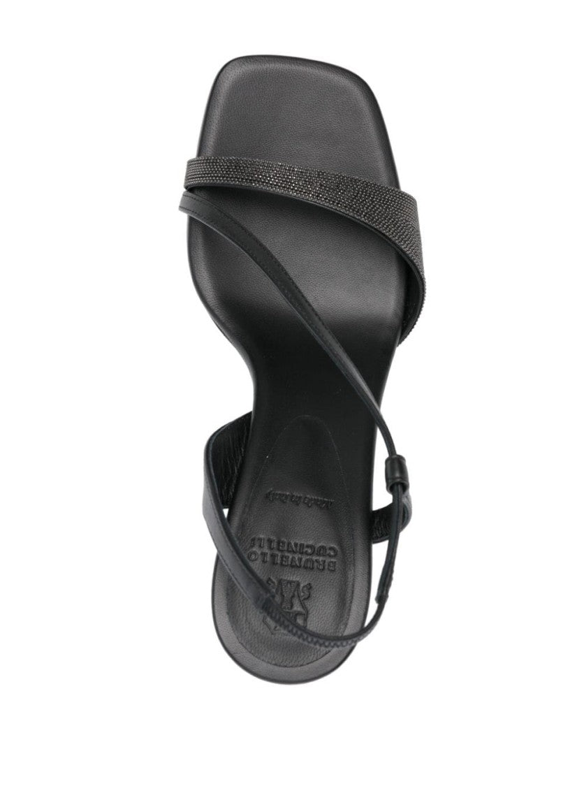 Brunello Cucinelli Black Leather Sandals With Textured Band