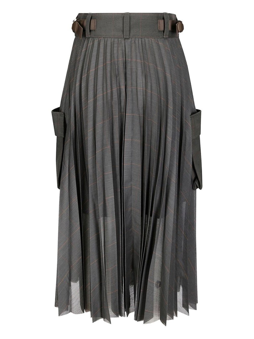 Sacai Glen-Check Midi Skirt With Pleated Design And Belted Waist