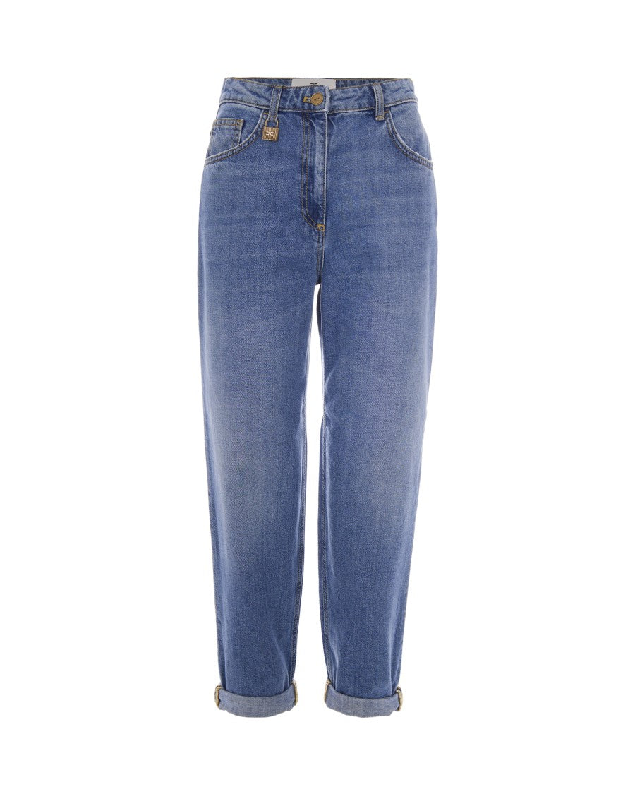 Elisabetta Franchi Blue Vintage Straight-Leg Jeans With Rolled Cuffs And Lock Charm