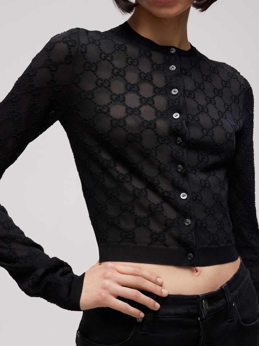 Gucci Cropped Black Cardigan With Textured Fabric And Button Closure