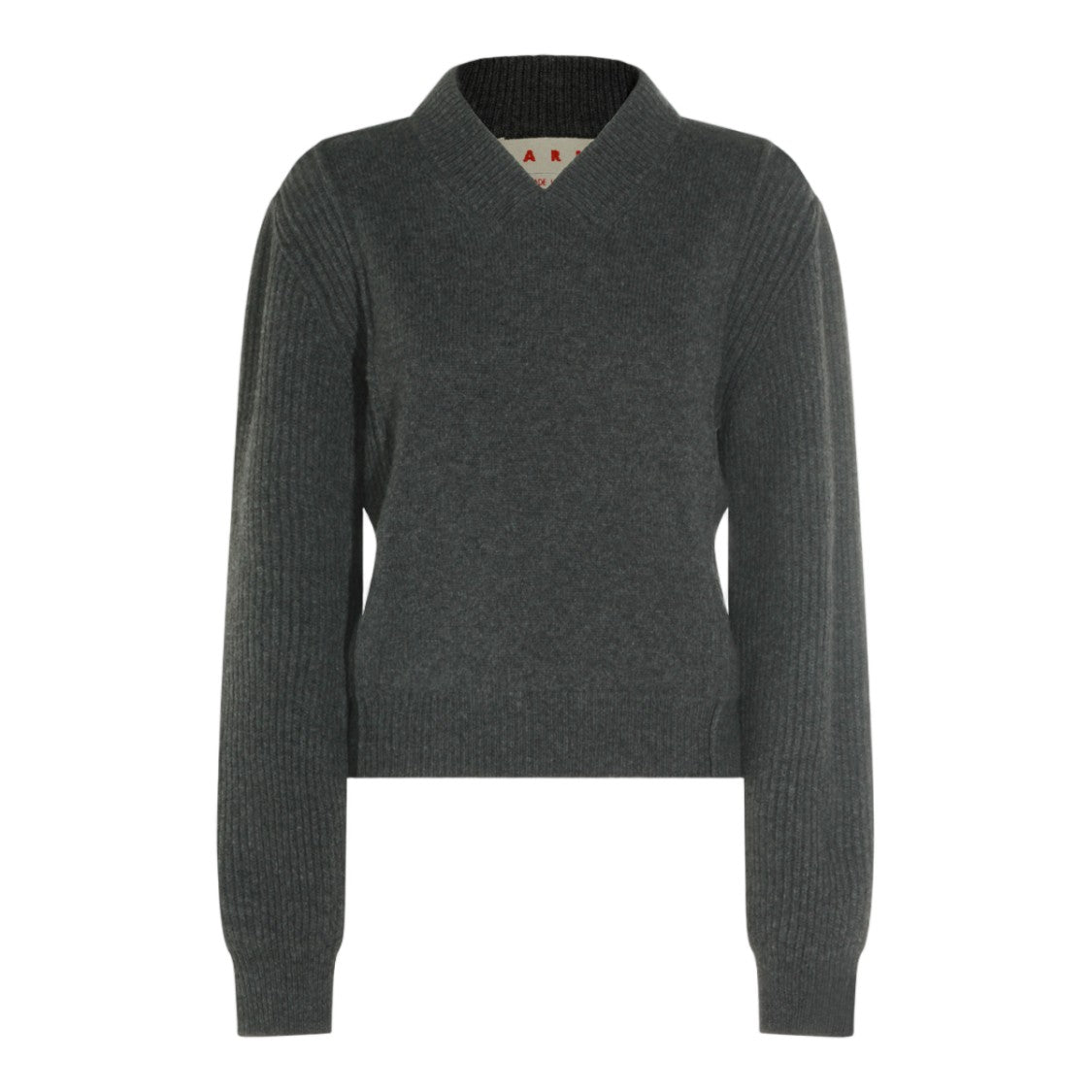 Marni Deep V-Neck Fitted Sweater With Textured Ribbed Sleeves