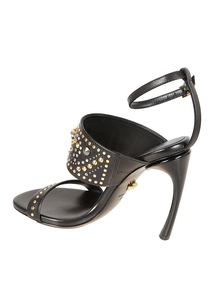 Versace Black Leather Sandals With Curved Stiletto Heel