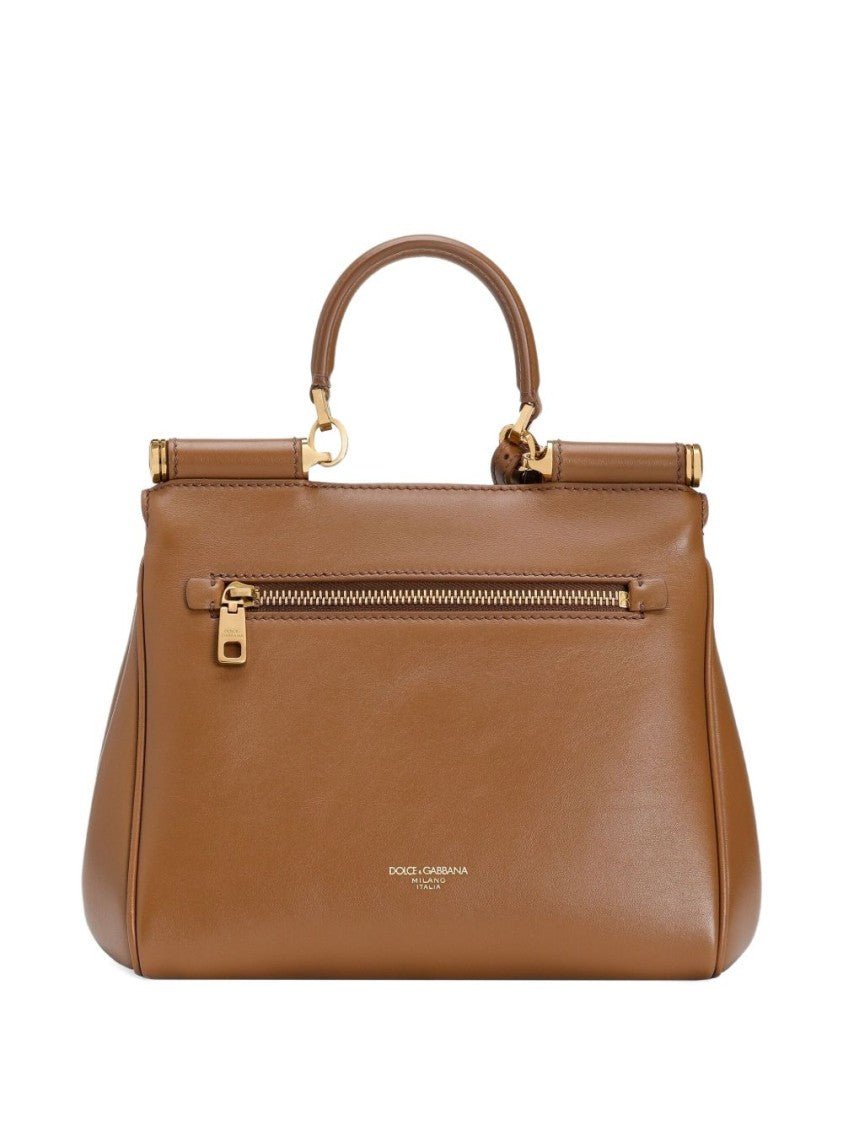 Dolce & Gabbana Smooth Calf Leather Gold Accent Structured Top Handle Bag