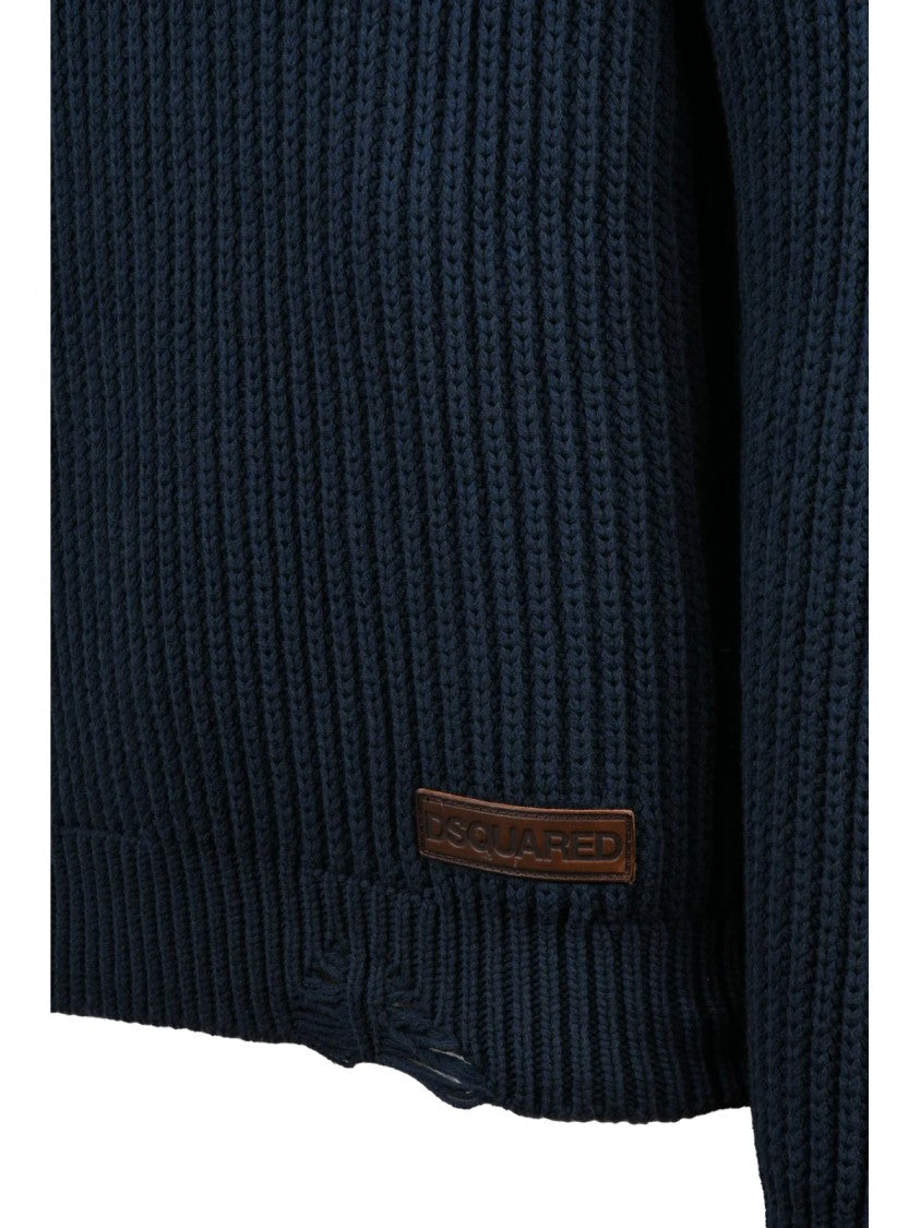 Dsquared2 Ribbed High Neck Knit Sweater With Leather Detail