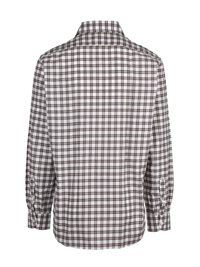 Eleventy White/Brown Checkered Pointed Collar Cotton Shirt