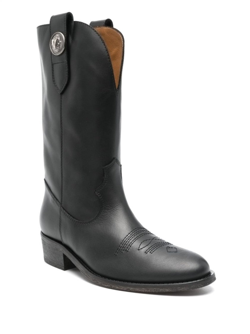 Via Roma 15 Black Leather Texan Ankle Boots