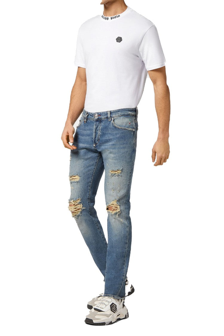 Philipp Plein Blue Super Straight Cotton-Blend Jeans