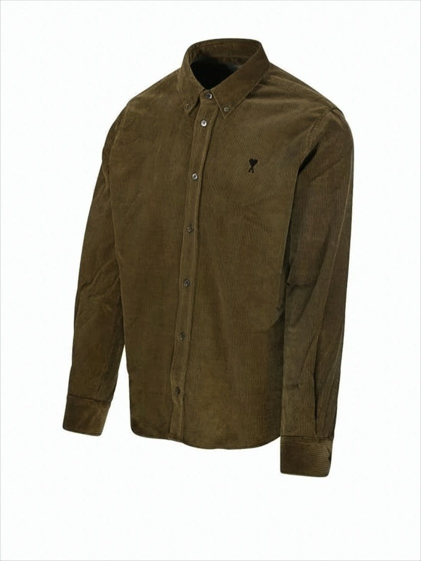 Ami Corduroy Button-Down Shirt With Embroidered Logo