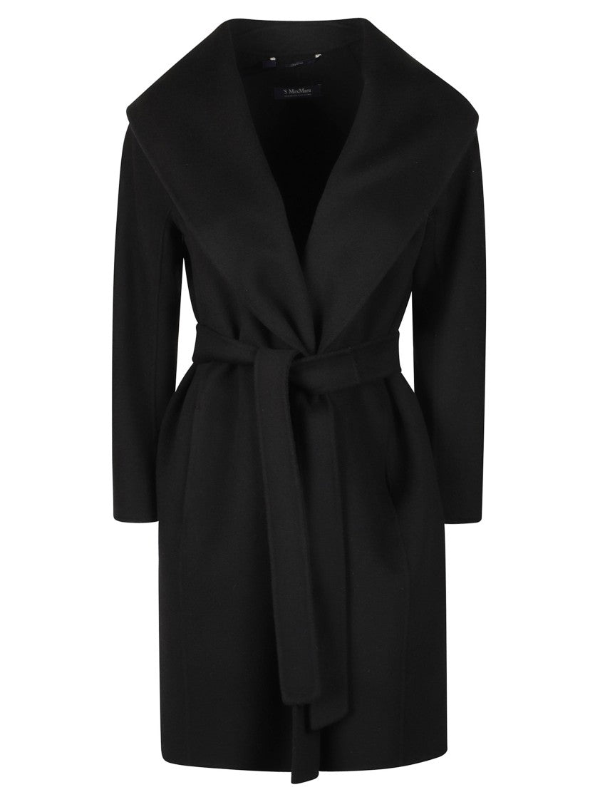 Max Mara Draped Collar Black Coat With Matching Belt