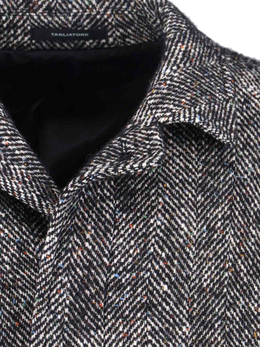 Tagliatore Multicolour Herringbone Coat With Structured Collar And Belted Waist