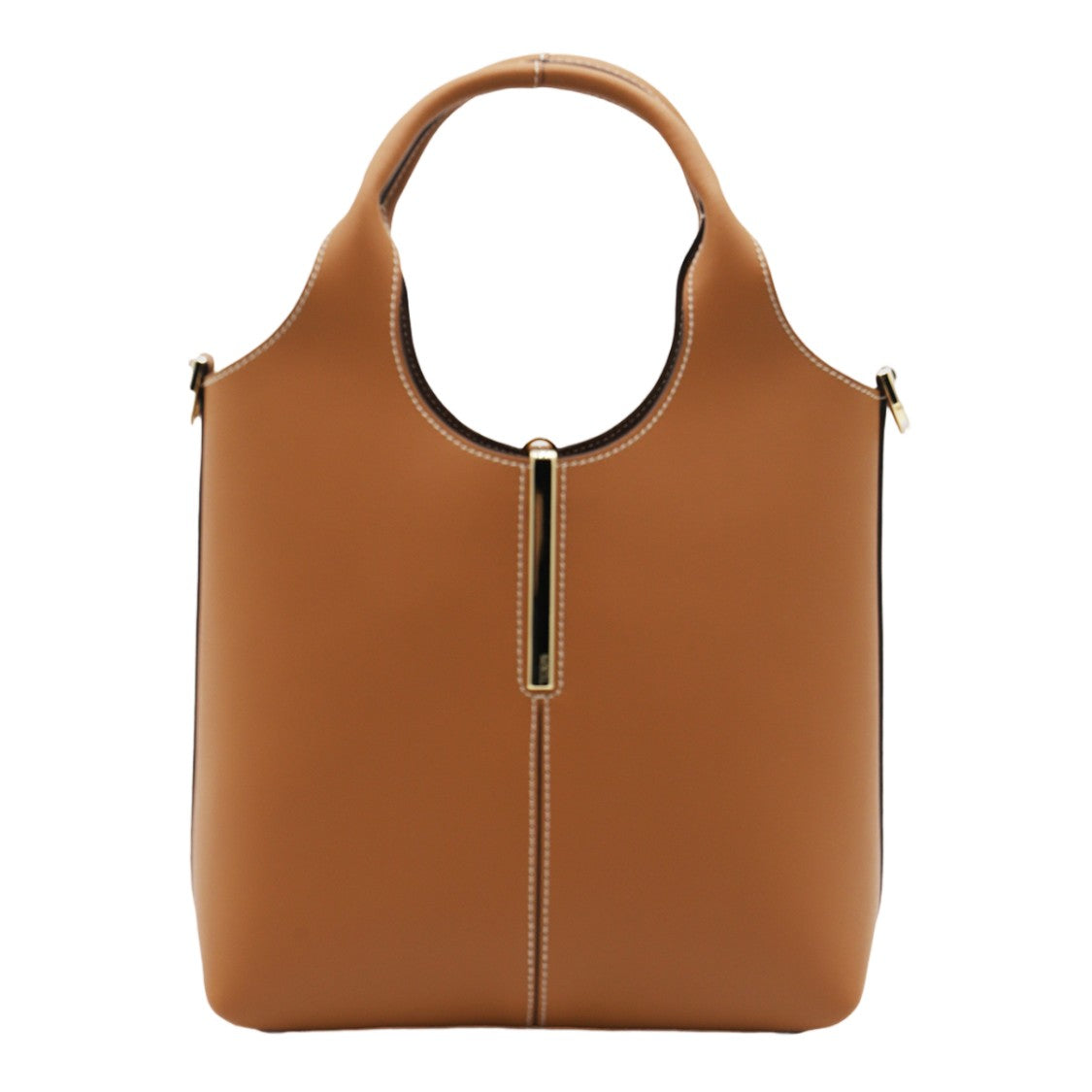 Tod's Structured Tan Leather Handbag With Gold Accent Detail