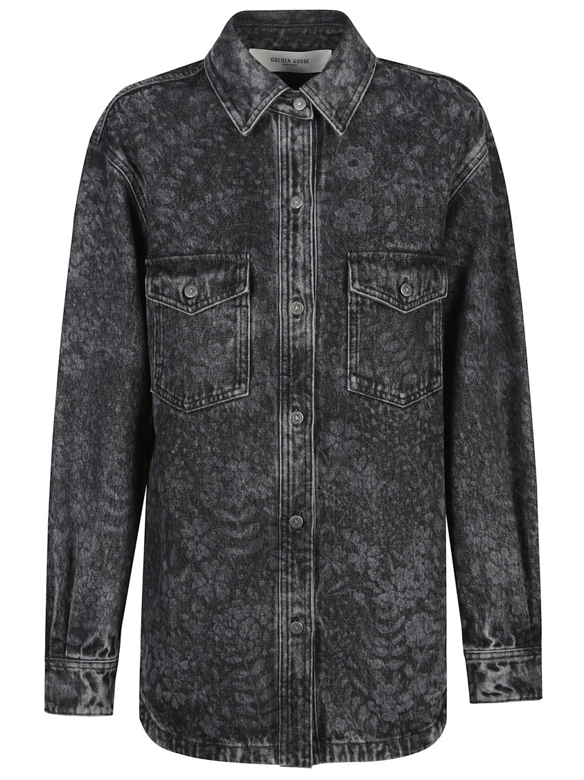 Golden Goose Floral Print Boyfriend Shirt In Washed Cotton Denim
