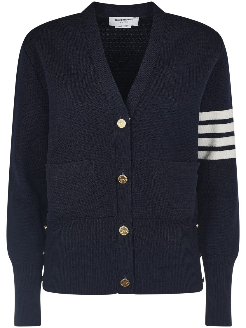 Thom Browne Fine Merino Wool V-Neck Cardigan With Four-Bar Stripe