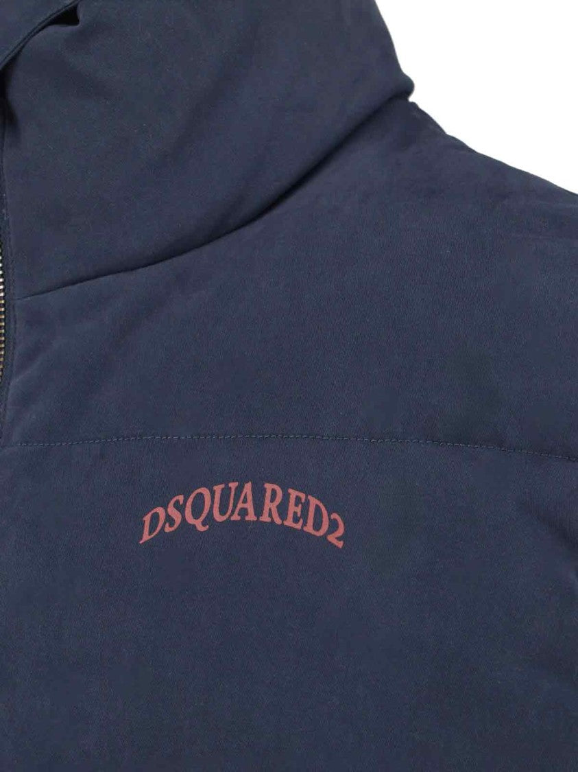 Dsquared2 High Collar Navy Puffer Jacket With Contrast Logo And Multicolor Heritage Lining