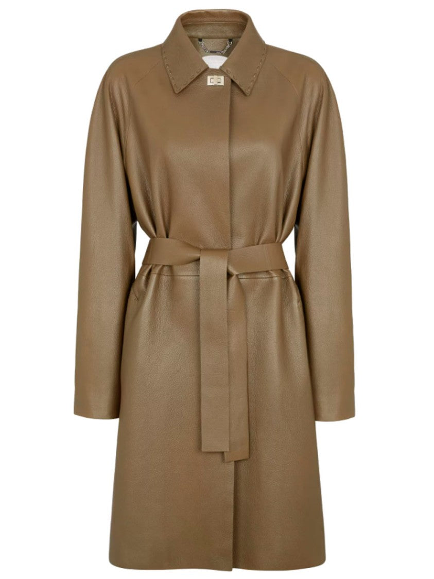 Fendi Mid-Length Lambskin Overcoat With Belted Waist