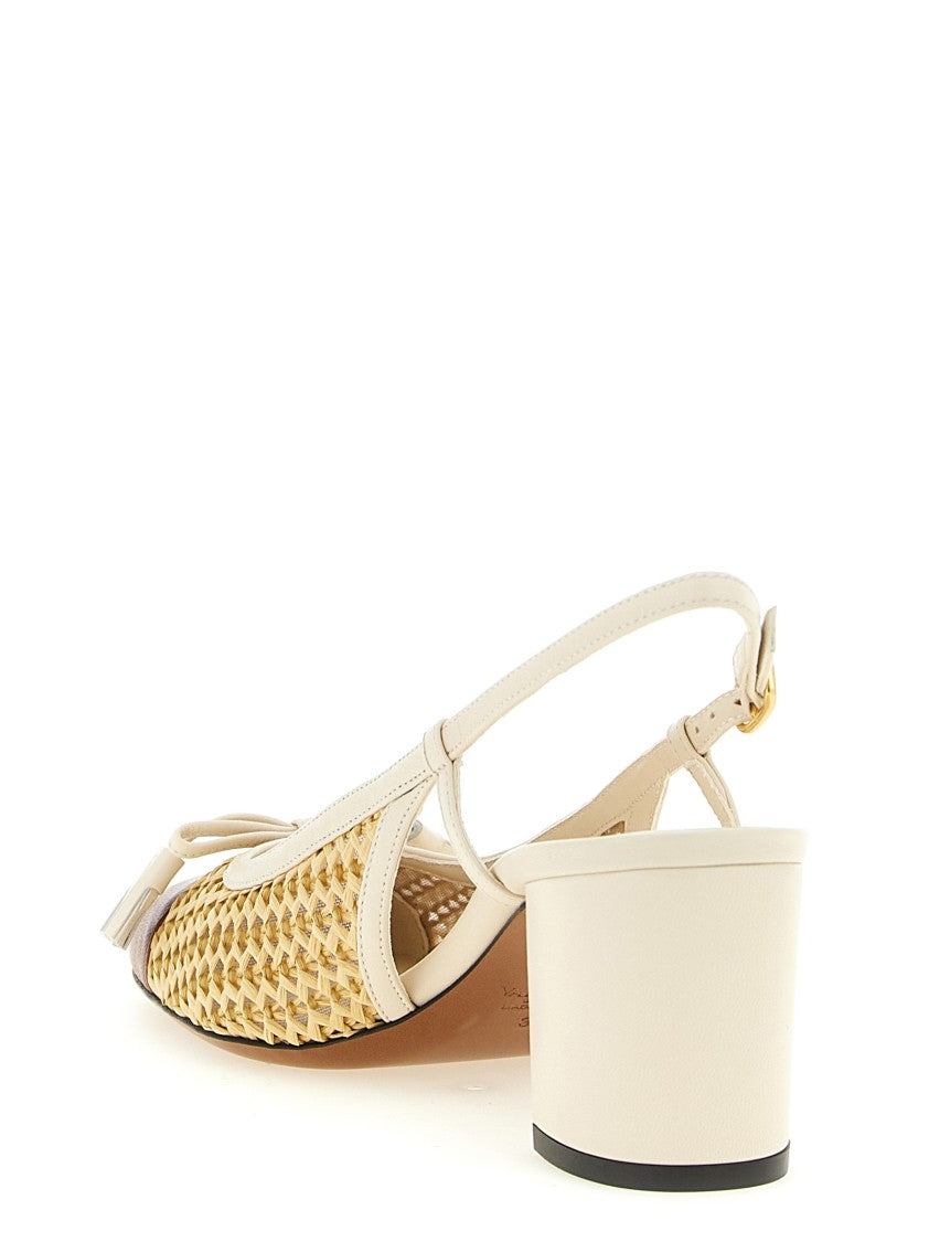 Valentino Garavani Woven Raffia Mesh Slingbacks With Metallic 'Vlogo Signature' And Adjustable Strap