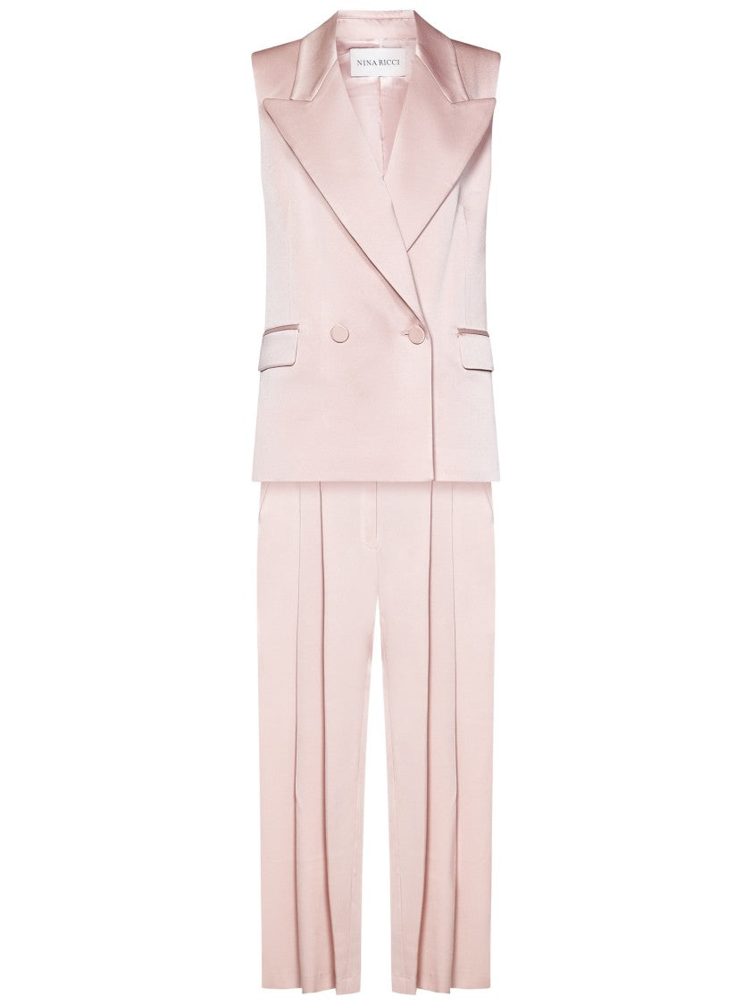 Nina Ricci Tailored Suit In Blush Pink Crepe With Double-Breasted Blazer And Palazzo Trousers