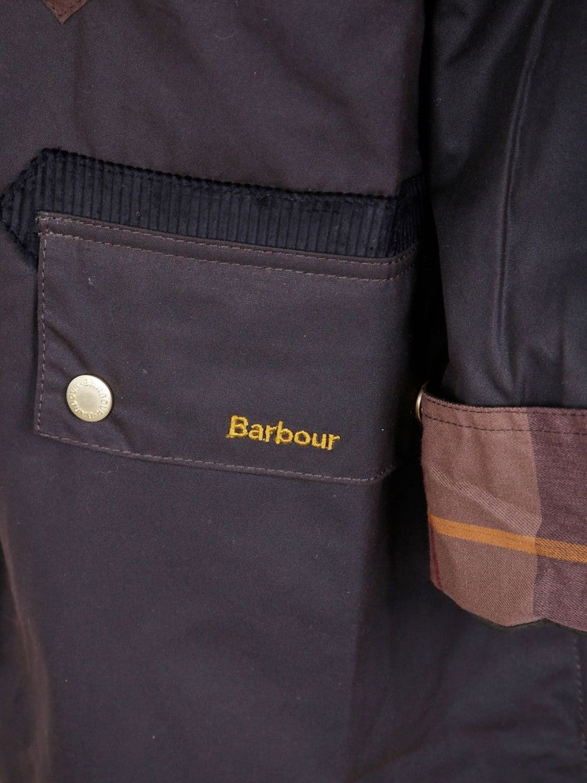 Barbour Brown Cotton Coat With Corduroy Collar And Tartan Details