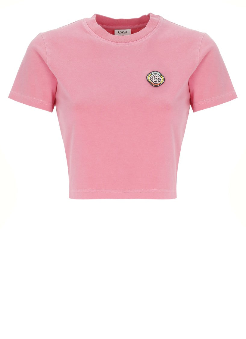 Casablanca Cropped Pink Cotton Sweatshirt With Embroidered Logo Patch