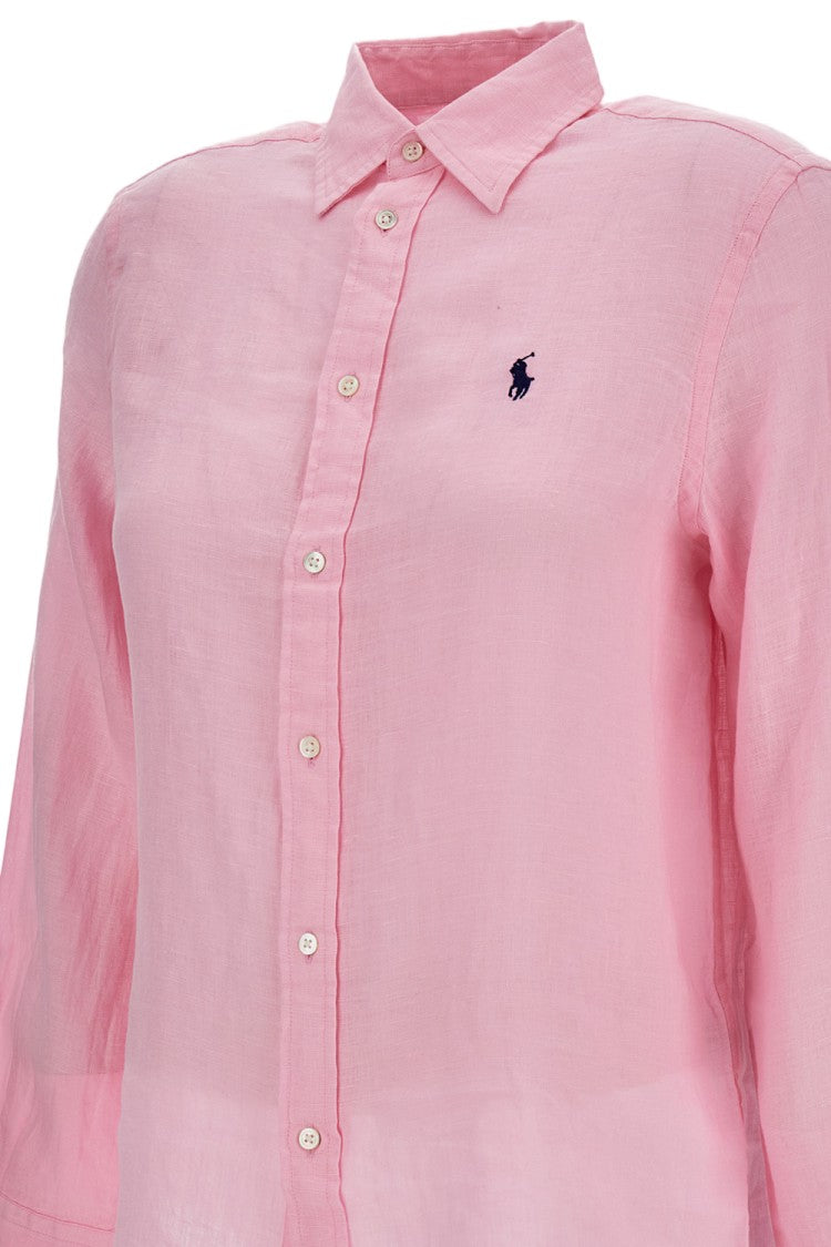 Polo Ralph Lauren Pink Linen Long-Sleeved Shirt With Embroidered Logo